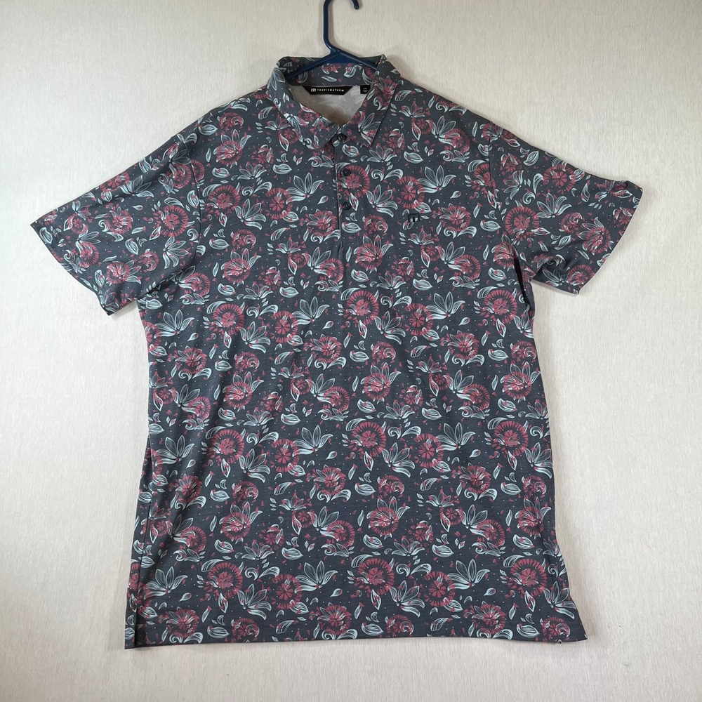 TravisMathew Mens Polo XXL Floral Shirt Gray Red Short Sleeve Golf Performance